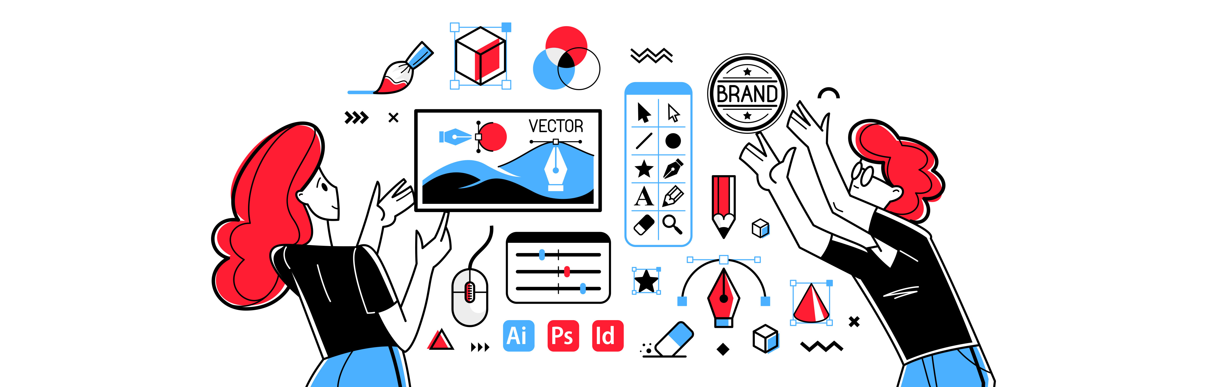 Image of two designers with a variety of icons representing a design platform.